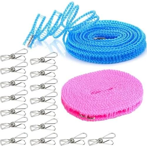 2 Pack Camping Clothesline with 16 Pcs Metal Clips Drying Rope Portable Windproof Travel Clothes Drying Line for Hotels