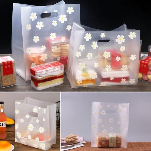 50pcs Floral Transparent Plastic Bags for Shop Plastic Gift Bags with Handles Business Bags Candy Cake Wrapping Food Package Bag