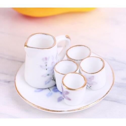 6Pcs/Set Flower Pattern Charms Dish Plate Tea Cup Set for 1/6 Scale Dollhouse House Miniature Pot Porcelain Ceramic Flower Print