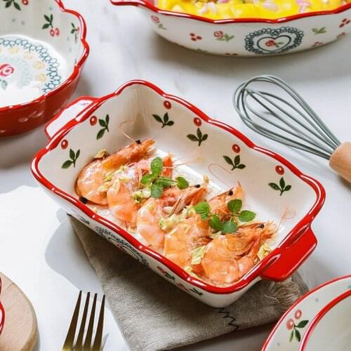 American Creative Binaural Plates Oven Baking Trays Pan Ceramic Household Rectangular Bowl Western Food Plate Baking Plate Tray