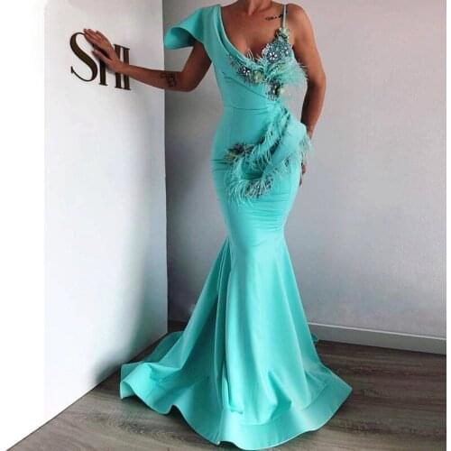 Turquoise Muslim Prom Dresses Mermaid Feather Crystals Islamic Dubai Saudi Arabic Long Formal Evening Gown abiye gece elbises