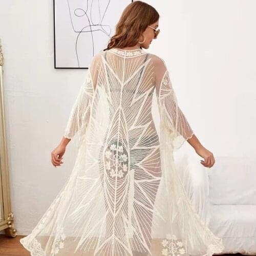 Fashion Women Long-sleeved High Waist Hollow Dress Female Sweet Perspective Lace Long Dress Boho Vestidos Mujer Lady Petticoat