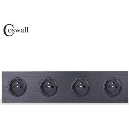 Coswall Black / Silver Grey Brushed Aluminum Metal Panel Quadruple French Wall Socket Grounded With Children Protective Door