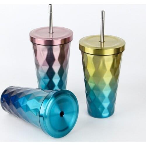 Travel Colorful Stainless Steel Tumbler with Lid and Straw Double Wall Vacuum Insulation Mug Coffee-Drinking Cup Water Flask 17o