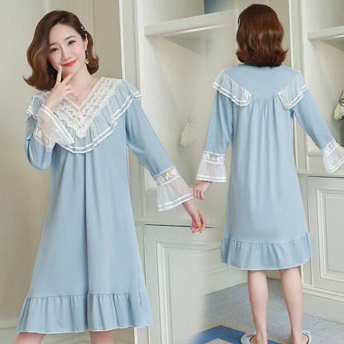 KISBINI Spring Summer Women Nightdress Cotton Female Lace Sleepwear Long Sleeve V-Neck Loose Fashion Lady Princess Nightgowns