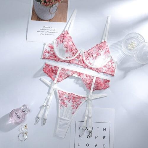 Hot Sale New Womens Sexy Lace Eyelash Underwear Set Thin Transparent Lingerie Underwire Gather Bra And Thong Garter