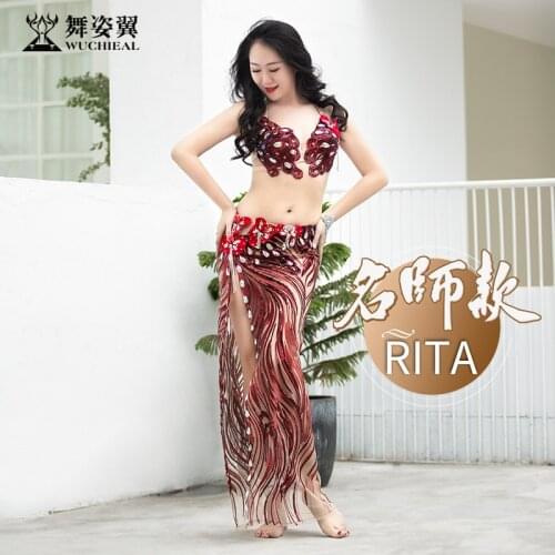New Belly Dance Costume Adult Female Oriental Dance Performance Set Diamond Bra + Printed Skirt 2pcs suits