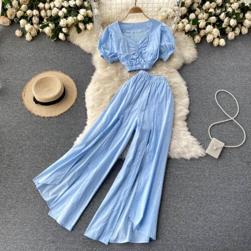 SINGREINY Women Summer Casual Set Puff Sleeve V Neck Short Tops+High Waist Irregular Split Wide Leg Long Pants Two Piece Suits