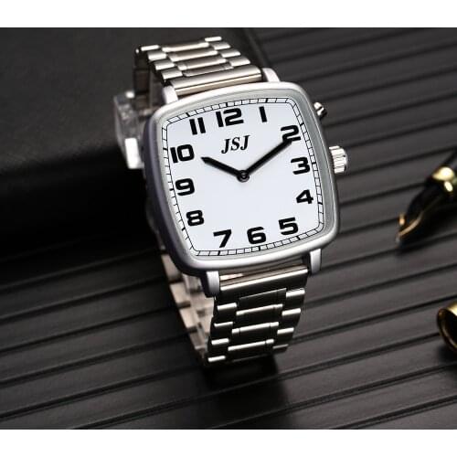 Square English Talking Watch with Alarm,Talking Date and Time,White Dial,Folding Clasp TESW-1702
