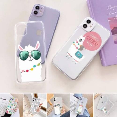 Kawaii Cute Llama Alpaca Animals Cartoon Phone Case For iphone 12 11 mini x xs xr pro max 8 7 6s 6 5 5s 5c se plus Transparent