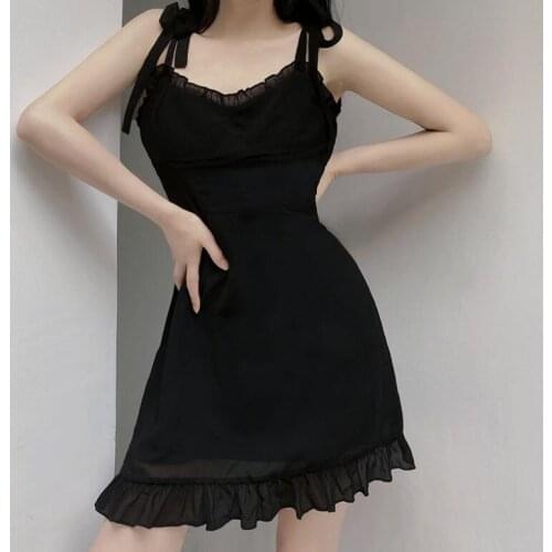 New womens personality black ruffled lace sling slim temperament dress