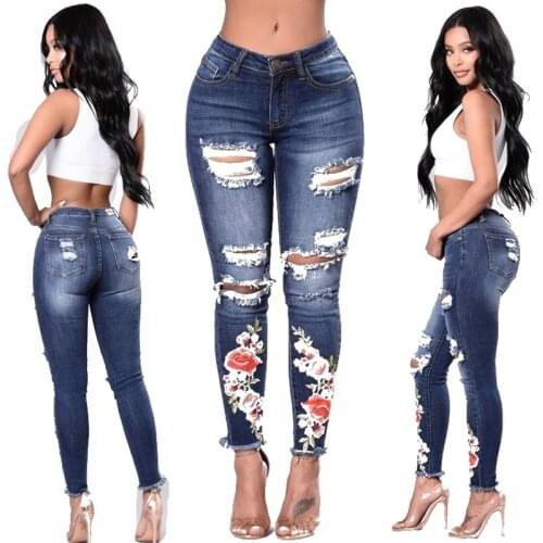 Autumn Women Stretch High Waist Skinny Embroidery Jeans Ripped Woman Floral Holes Denim Trousers Women Jeans Pencil Pants