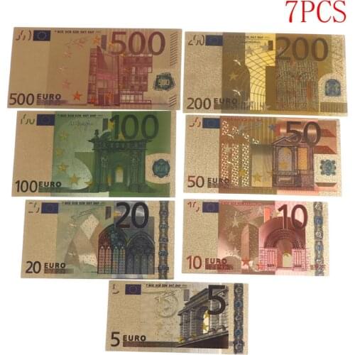 7pcs High Quality 24K Gold Plated Euros Fake Money Commemorative notes Collection Souvenir Antique Decoration 5-500 Dollar