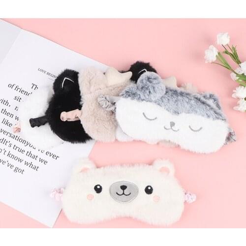 Japanese Style Unisex Plush Sleeping Eye Mask Cartoon Black Cat White Dog Animal Satin Lined Eyeshade Cover Blinder For Travel