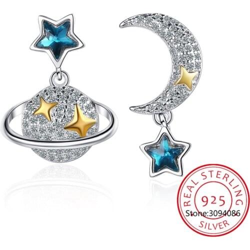 Star Moon Planet Women Earrings Silver 925 Minimalist Universe Fine Jewelry Silver 925 Stud Earrings For Women Korean