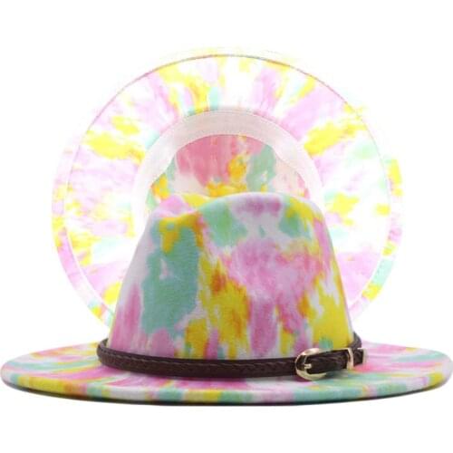 Trend Tie Dye Printed Colour Fedora Hat for Women Lady Girl Men Boy Unisex Dress Party Felt Jazz Cap Black Belt Dress Hat