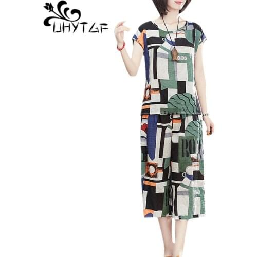UHYTGF tracksuit women 2020 fashion cotton linen printing summer two piece set women loose wide-leg pants casual sets female 968