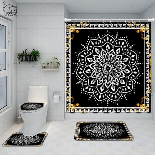 Stylish Black And White Mandala Shower Curtain Set Abstract Floral Bathroom Curtains Bath Mat Rug Meditation Spa Decor