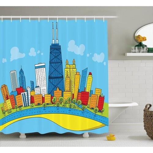 Chicago Skyline Shower Curtain Cute Cartoon Style Childish City View with Colorful Buildings Caricature Home Decor Bath Curtains