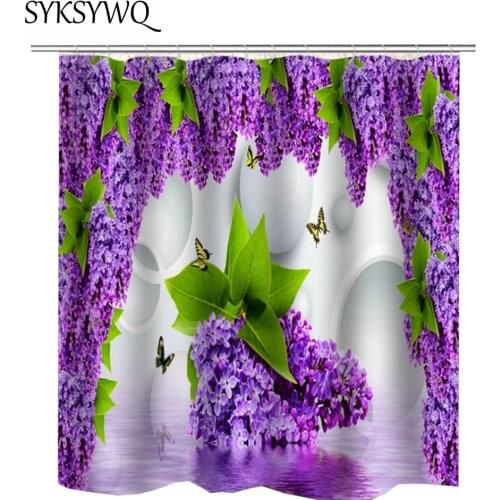 Shower Curtain Purple Flower Green Leaves Bathroom Curtains Polyester 3D Fabric Purple Flora Bathroom Decoration Accessories