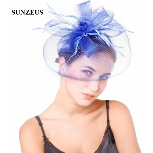 Big Tulle Flowers Elegant Bridal Wedding Hat with Feathers Womens Fascinator Blue Party Hats SH50