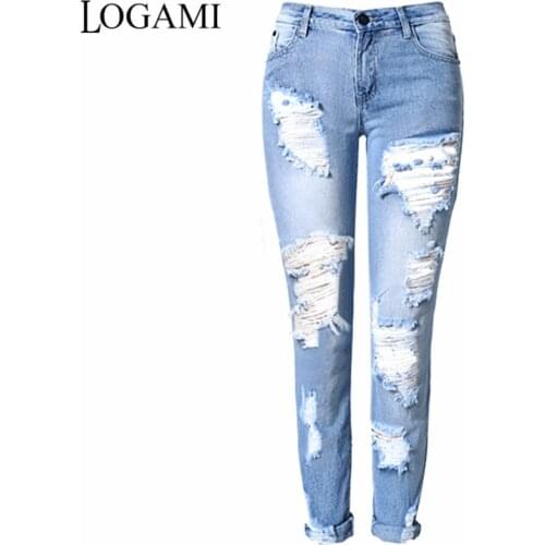 LOGAMI Fashion Woman Jeans Summer Hole Ripped Jeans Women Pants Distressed Denim Trousers