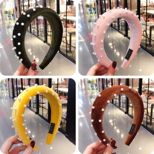 New Women Girls Colors Sponge Wide Side Elegant Vintage Pearl Elastic Hairbands Ladies Sweet Headbands Female Hair Accessories
