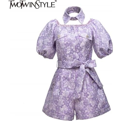 TWOTWINSTYLE Vintage Print Floral Playsuit For Women Lapel Puff Sleeve High Waist Sashes Casual Elegant Jumpsuit Female Fashion