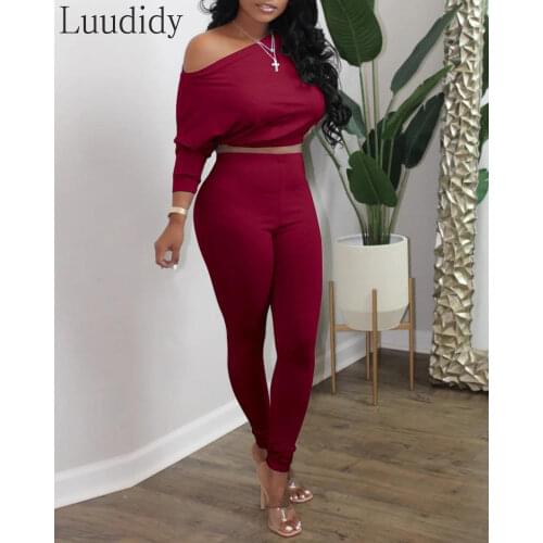 Women 2 Pcs Sets One Shoulder Long Sleeve Crop Top & High Waist Pants Set