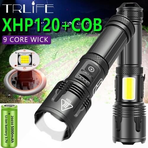 5200mAh XHP120 9-core USB Rechargeable COB Work LED FlashLight Zoom Most Powerful LED Tactial flash light Torch by 26650 Battery