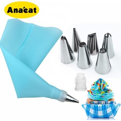 ANAEAT 8 pcs/set Icing Piping Bag and Stainless Steel Nozzle Cake DIY Decorating Baking Tools