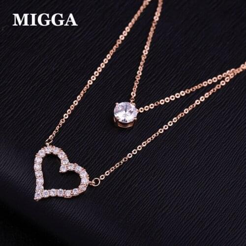 MIGGA Double Layers Zircon Crystal Heart Necklace Short Clavicle Chain Necklace Women Jewelry
