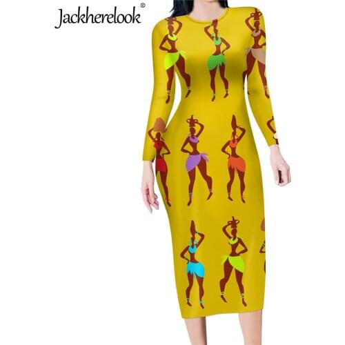 Jackherelook Yellow Vintage African Black Girls Print Women Sexy Bodycon Midi Dress Long Sleeved Party Pencil Dresses Vestidos