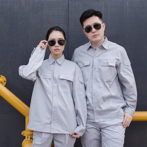 Customize Mens Gray Long Sleeve Coveralls Cotton Long Sleeve Labor Electrician Thin Jacket Pants 2 Pcs Set Workshop Uniforms