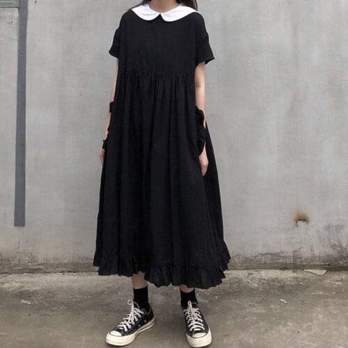 HOUZHOU Summer Dress Women Black Kawaii Sweet Japanese Preppy Style Ruffles Midi Dresses Oversize Loose Sundress Casual Robe