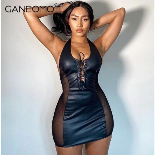 Summer Womens Dress 2021 Open Back Bodycon Pu Leather Mini Dress Sexy Short Club Outfits Party Dresses Halter Sundresses Black