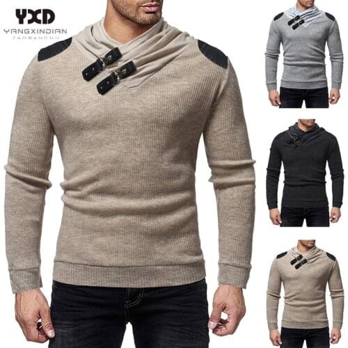 Men clothes New mens sweaters fashion solid color pile collar leather buckle Soft Cotton slim Warm sweater mens knit pullover