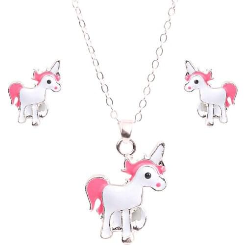 Gold Silver Color Animal Jewelry Set Children Jewelry Cartoon Horse Unicorn Necklace Earring Unicorn Sets For Girls Best Gifts