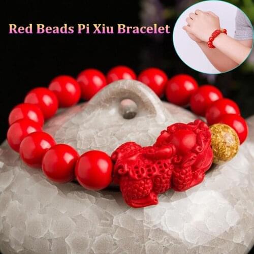 Pixiu Natural Stone Bracelet Men Women Chinese Feng Shui Pi Xiu Red Beads Wristband Gold Wealth & Good Lucky Unisex Bracelets A