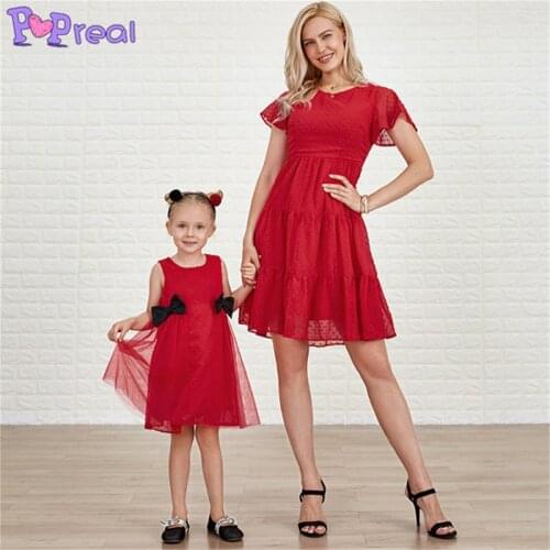 PopReal Summer Fashion Parent-Child Outfit Girl Family Dress Mom And Daughter Skirt Mother Kids Dress Solid Mesh Bow O-Neck