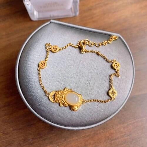 Natural Hetian White Chalcedony Golden frog Ingot Bracelet Chinese Style Retro Classic Ancient Gold Folk Craft Female Jewelry