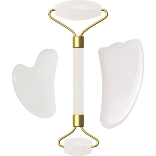 White Crystal Roller Slimming Face Massager Lifting Tool Natural Jade Facial Massage Roller Stone Skin Massage Beauty Care Set