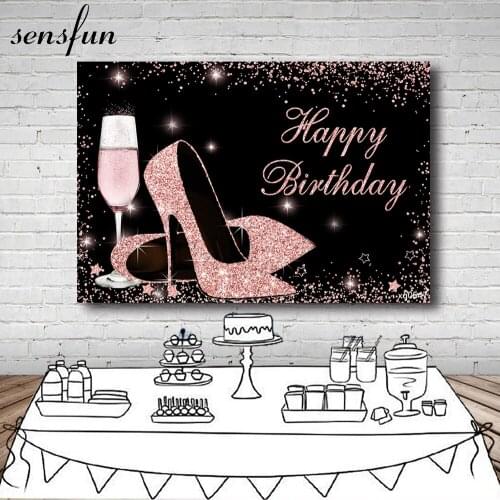 Sensfun Black Rose Gold Glitter Dots Heels Glass Backdrops Elegant Lady Women Happy Birthday Party Photography Backgrounds