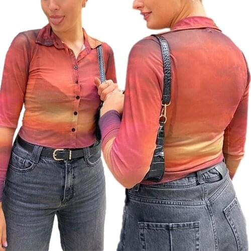 Sexy Women T-Shirts Close-fitting New Fashion Long Sleeve Shirt, Orange Turn-down Collar Blouse Tops & Tees