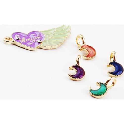 Brand New Glitter Enamel Alloy Pendant Charms Cute Moon Lovely Wing Hearts Oil Drop Metal Gold Color Plated Oil Drop Charm
