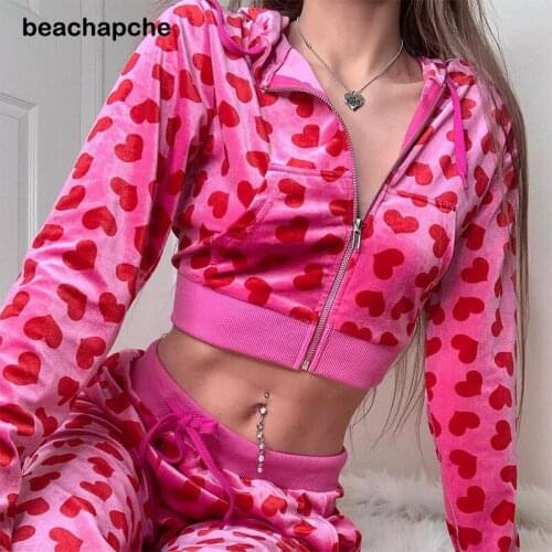 Beachapche Spring/Fall Basic Tracksuit Velour Suit Zipper Up Heart Printed Pink Sweatshirt+Straight-leg Pant Women Velvet 2 Piec