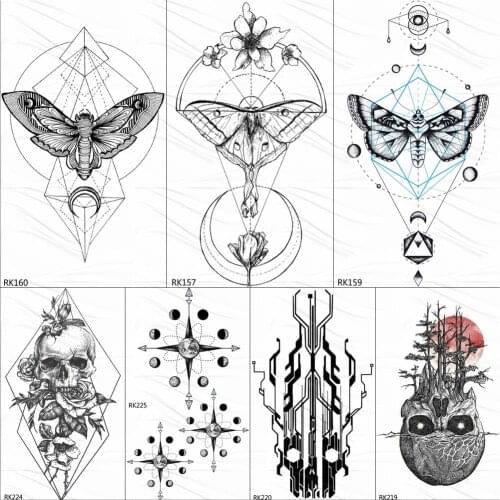 OMMGO Geometry Butterfly Moth Black Henna Tattoos Temporary Sticker Skull Totem Fake Tattoo For Women Body Art Arm Custom Tatoos