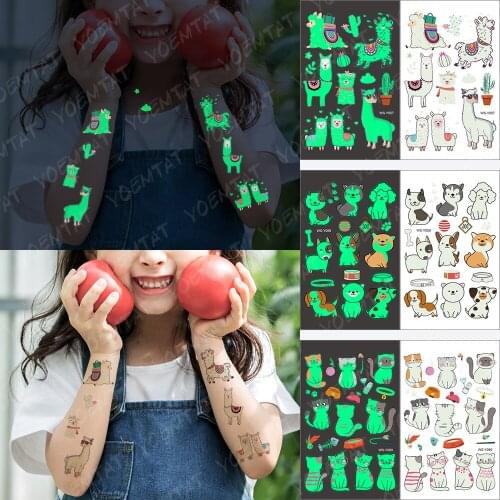 Waterproof Temporary Tattoo Sticker Alpaca Flower Animal White Cloud Luminous Children Tatoo Body Art Flash Arm Ankle Fake Tatto
