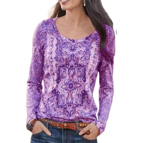 Women Base Shirt Casual Ethnic Pattern Loose Autumn Round Neck Long Sleeve Ethnic Pattern Round Neck Blouse Women Sweatshirt 3XL