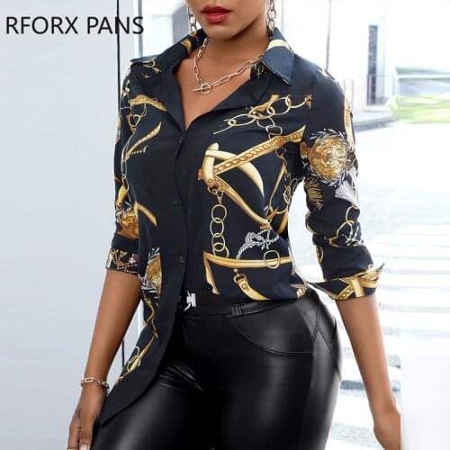 Women Chain Scarf Print Button Design Shirt Top for Women Top 2021